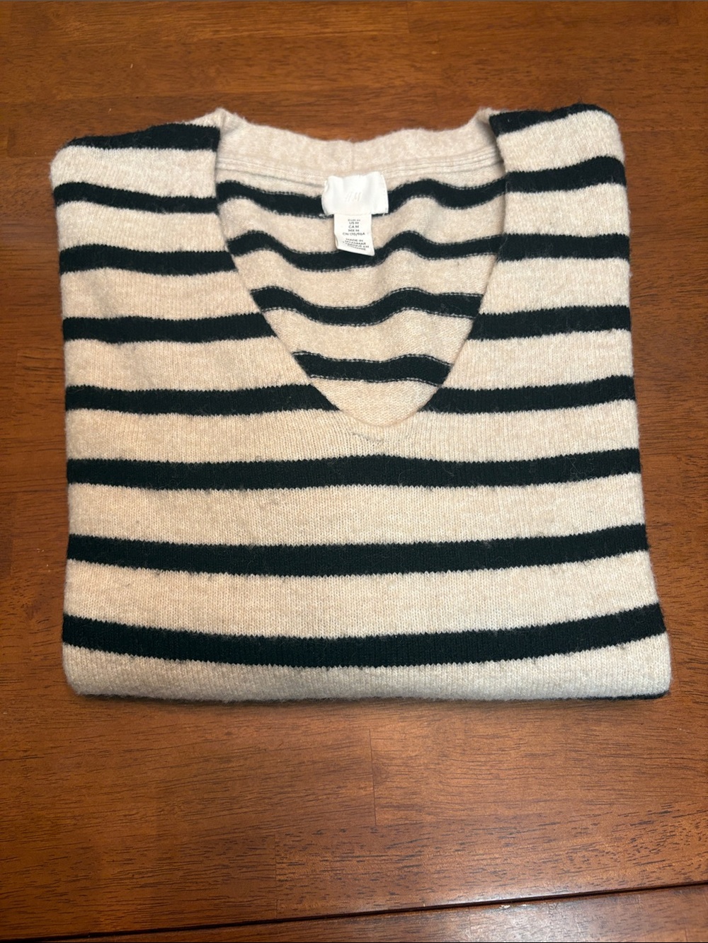 H&M Cream and Black Striped V-Neck Sweater